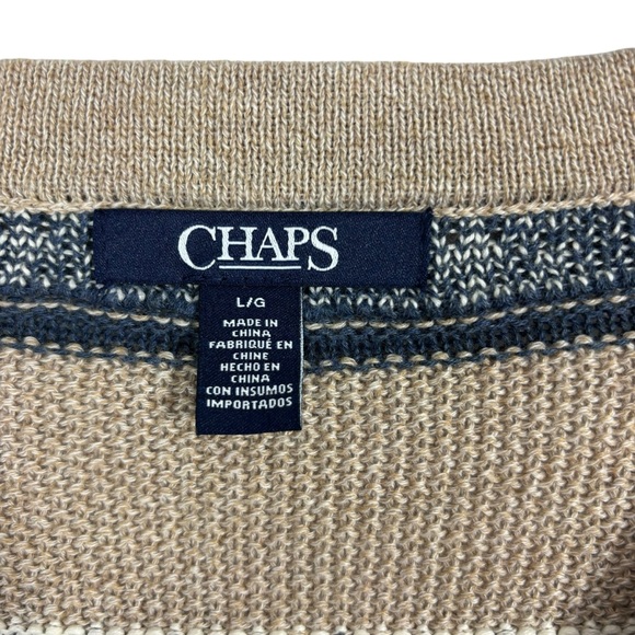 Chaps Western Sweater Blue Tan Pullover Striped Neckline Crisscross Tie Size L - Picture 7 of 8